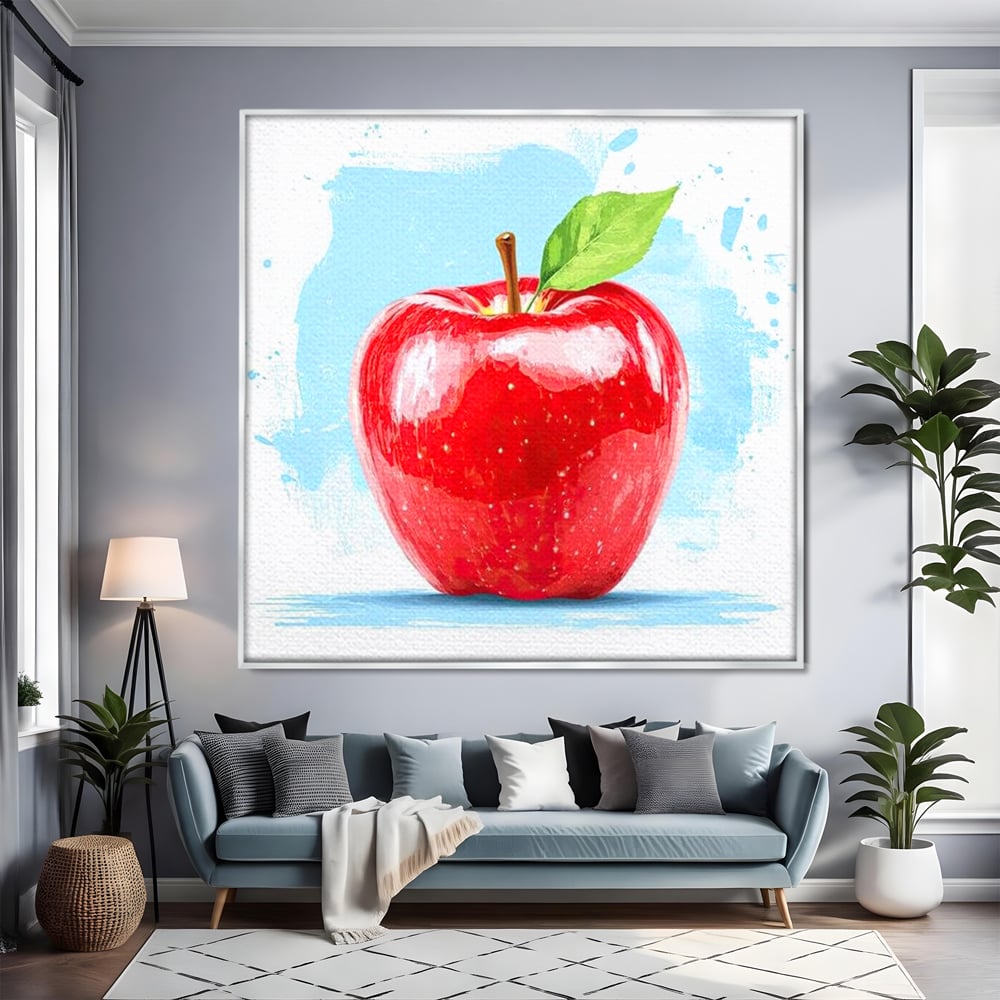 Tablou canvas cu pictura digitala cu un mar rosu, in rama de aluminiu argintiu, pe perete intr-un living